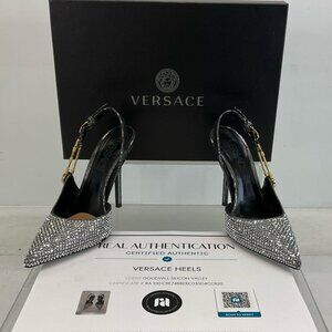 Versace Silver Gold Black Leather Bling Embellished Slingback Pumps 35.5 / US 5